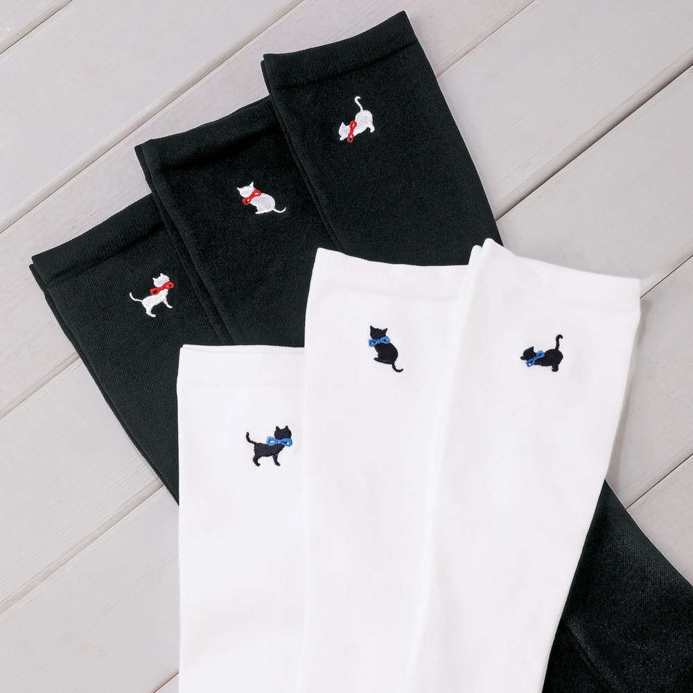 ねこ刺繍着圧ハイソックス(3足組)